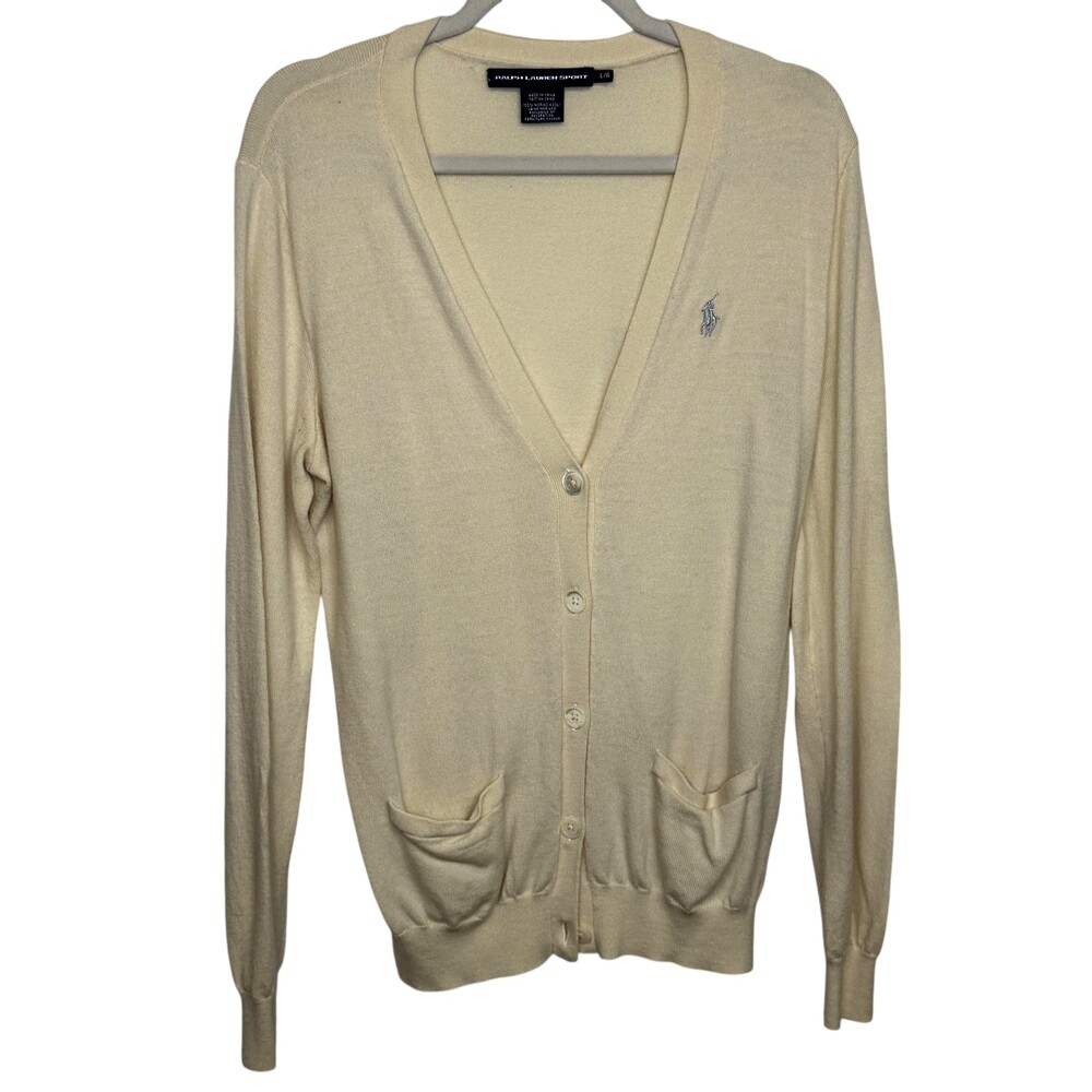 Ralph Lauren Sport Cardigan Sweater Womens Large White 100% Merino Wool V Neck